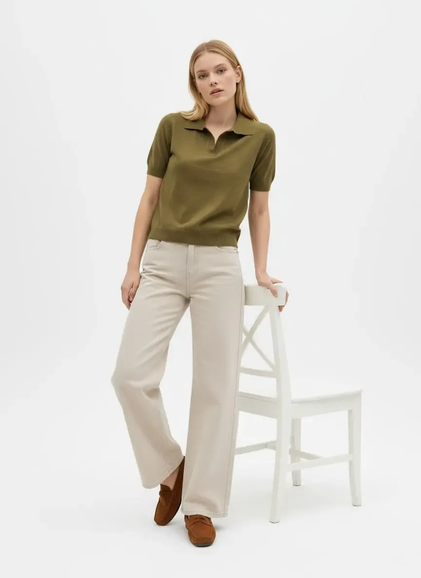 Kadın Polo Yaka Premium İplik Triko Kazak 12179.Crs