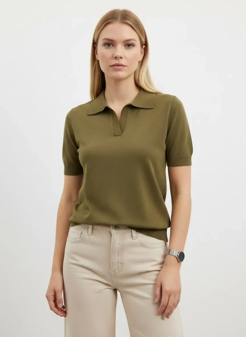 Kadın Polo Yaka Premium İplik Triko Kazak 12179.Crs