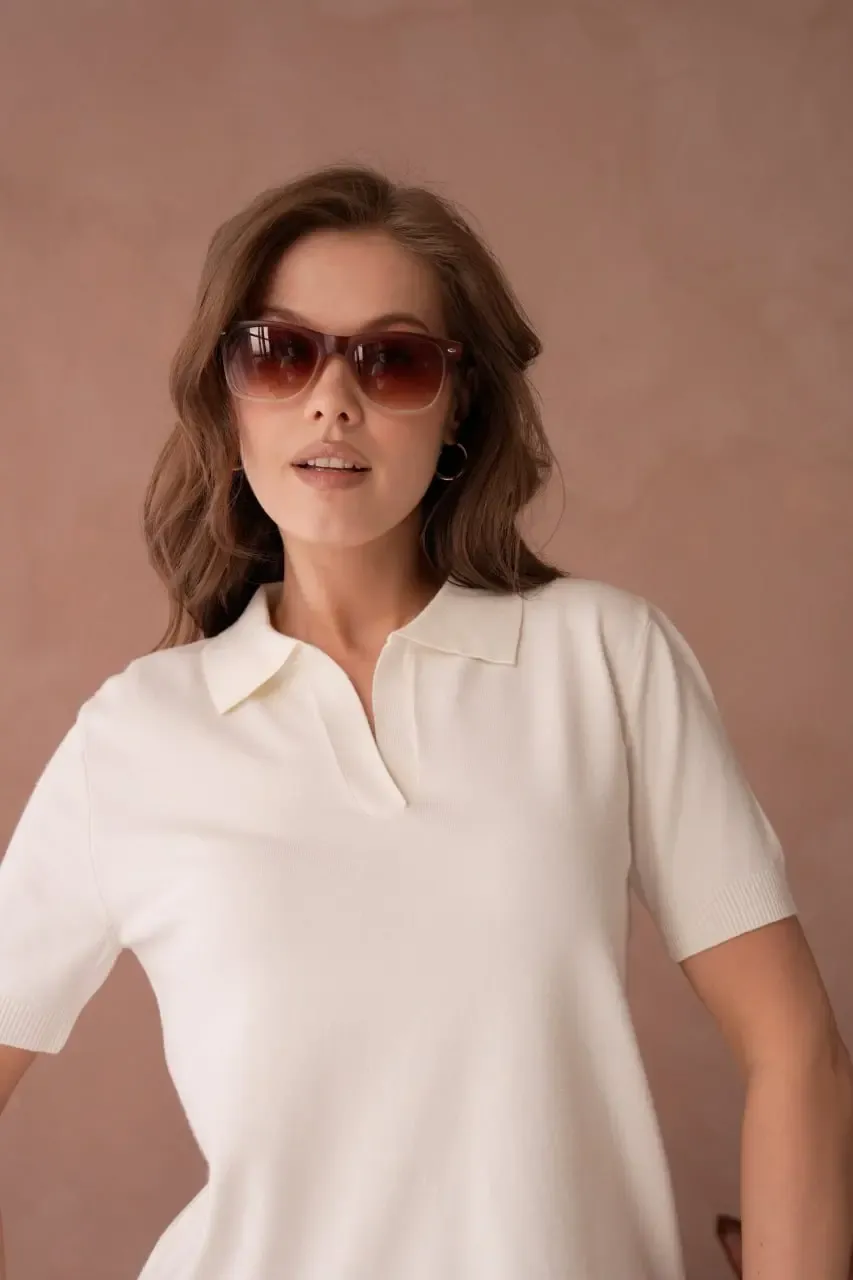 Kadın Polo Yaka Premium İplik Triko Kazak 12179.Crs