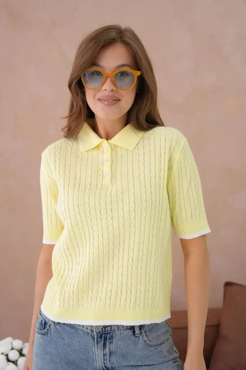 Kadın Polo Yaka Düğme Detay Saç Örgü Triko Kazak 12184
