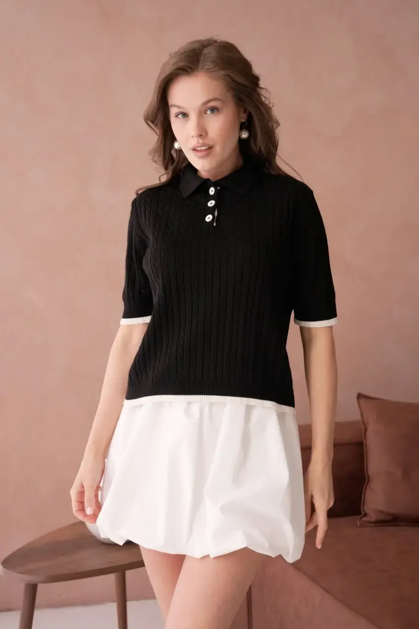 Kadın Polo Yaka Düğme Detay Saç Örgü Triko Kazak 12184