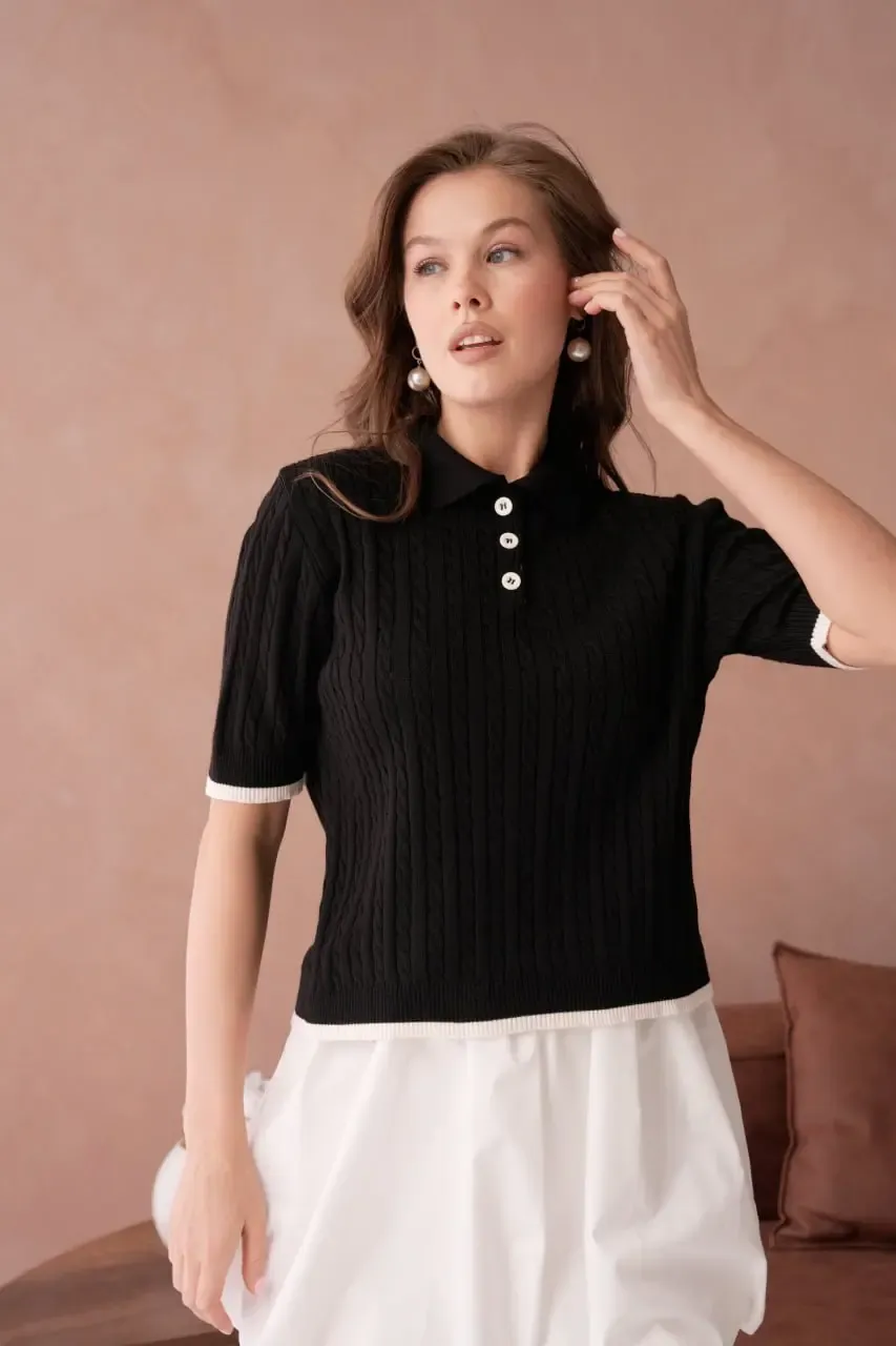 Kadın Polo Yaka Düğme Detay Saç Örgü Triko Kazak 12184