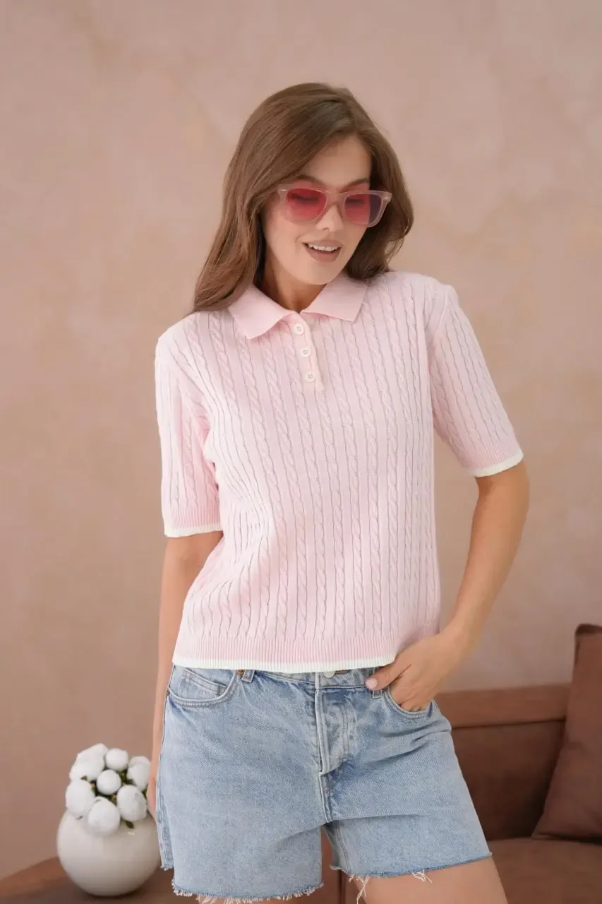 Kadın Polo Yaka Düğme Detay Saç Örgü Triko Kazak 12184