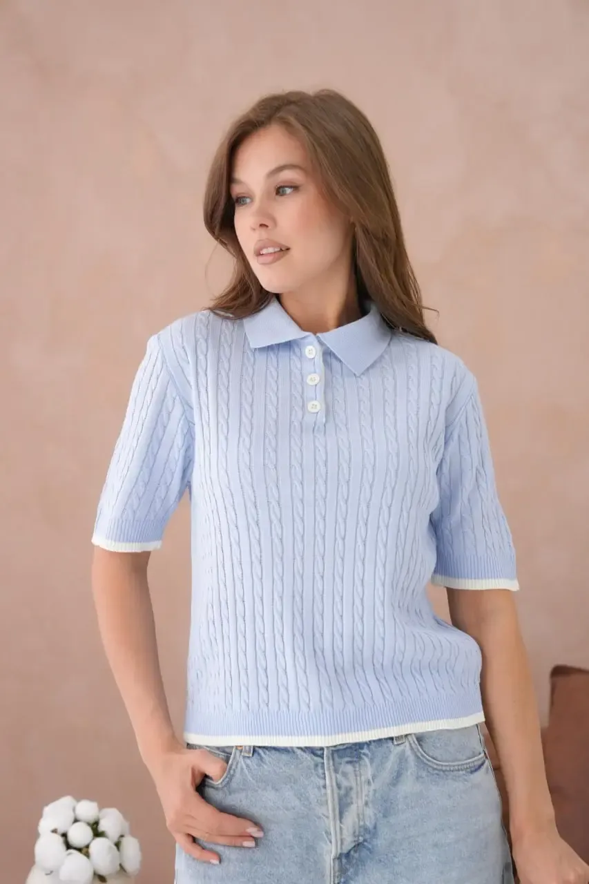 Kadın Polo Yaka Düğme Detay Saç Örgü Triko Kazak 12184