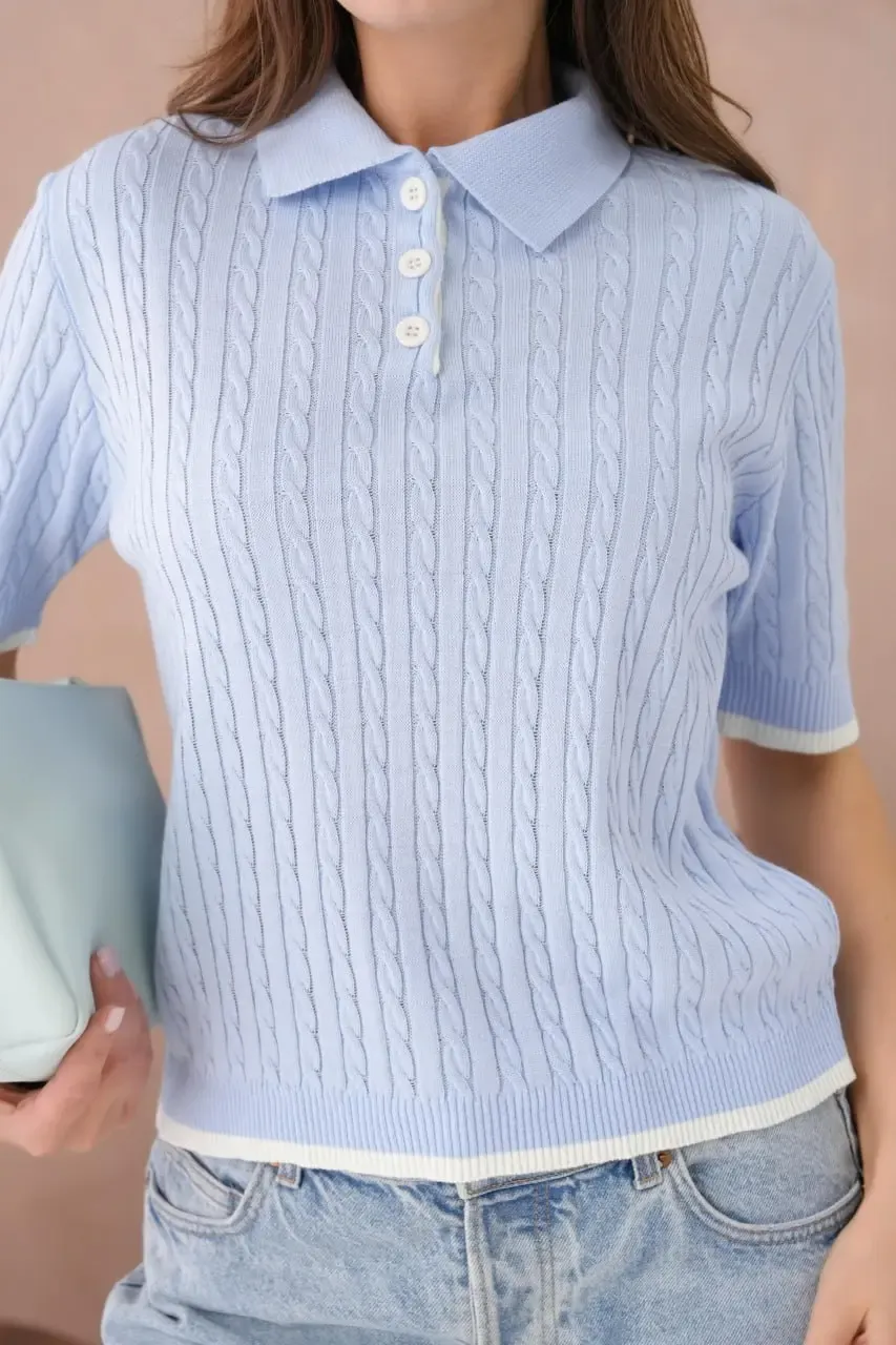 Kadın Polo Yaka Düğme Detay Saç Örgü Triko Kazak 12184