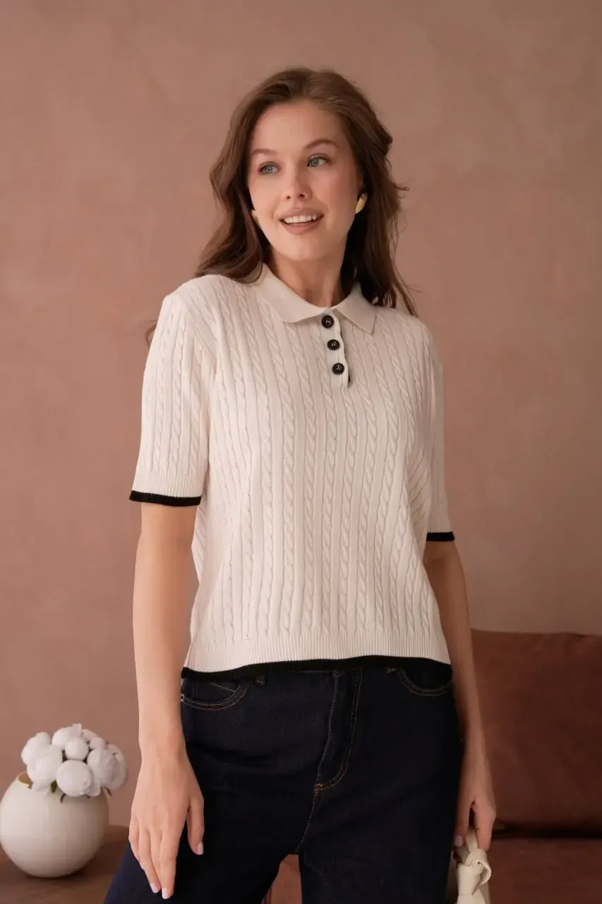 Kadın Polo Yaka Düğme Detay Saç Örgü Triko Kazak 12184