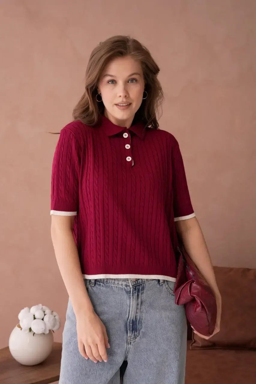Kadın Polo Yaka Düğme Detay Saç Örgü Triko Kazak 12184