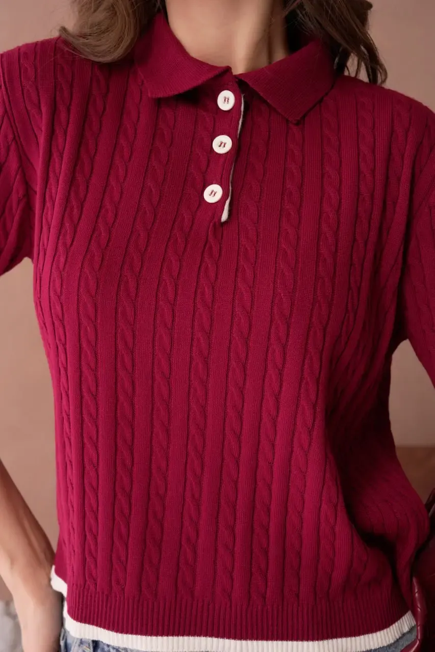 Kadın Polo Yaka Düğme Detay Saç Örgü Triko Kazak 12184