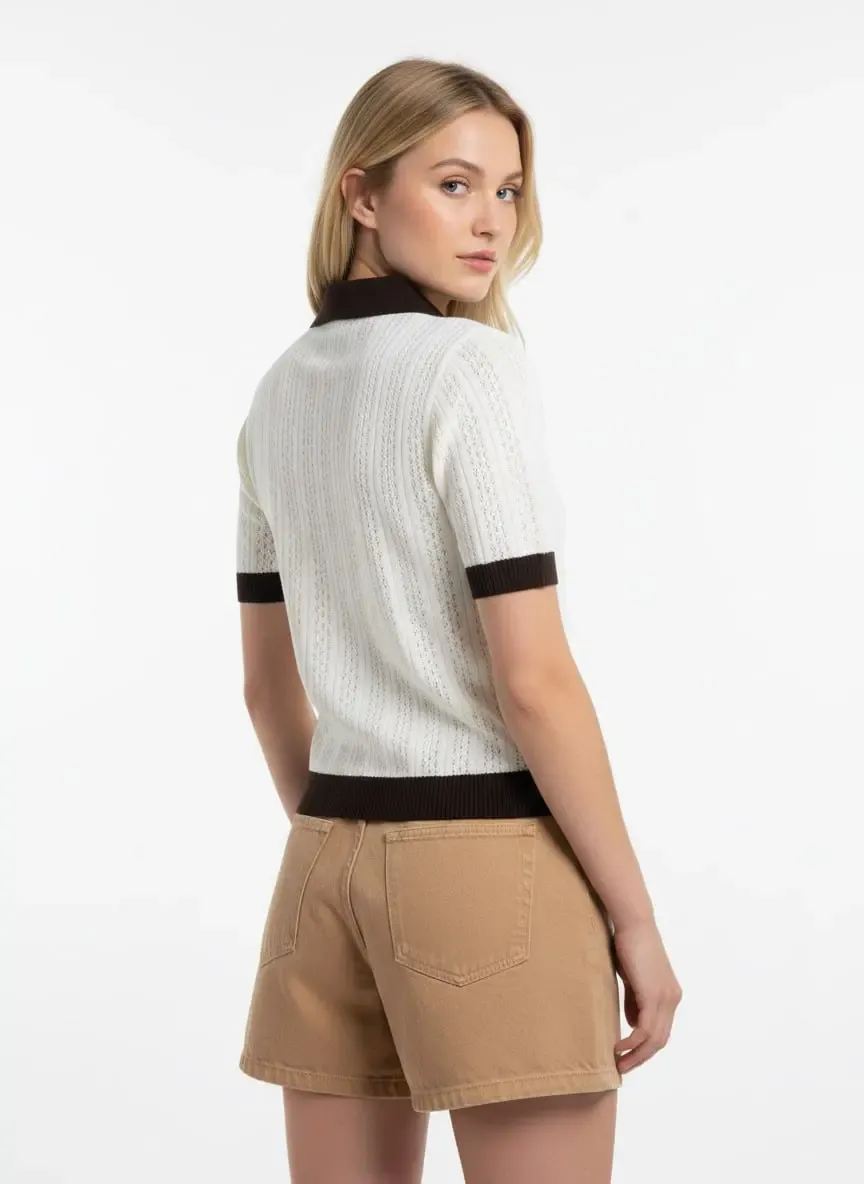 Kadın Polo Yaka Ajurlu Örgü Detay Triko Kazak 12430