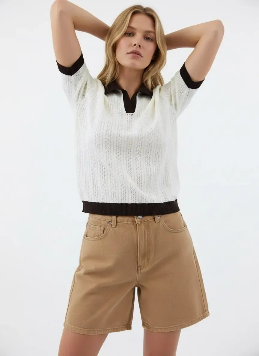 Kadın Polo Yaka Ajurlu Örgü Detay Triko Kazak 12430