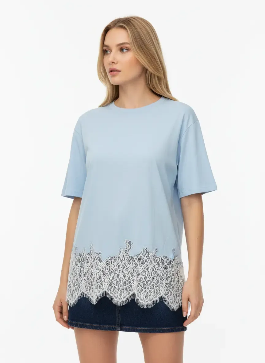 Kadın Bisiklet Yaka Eteği Dantel Detay Penye Tunik 13005