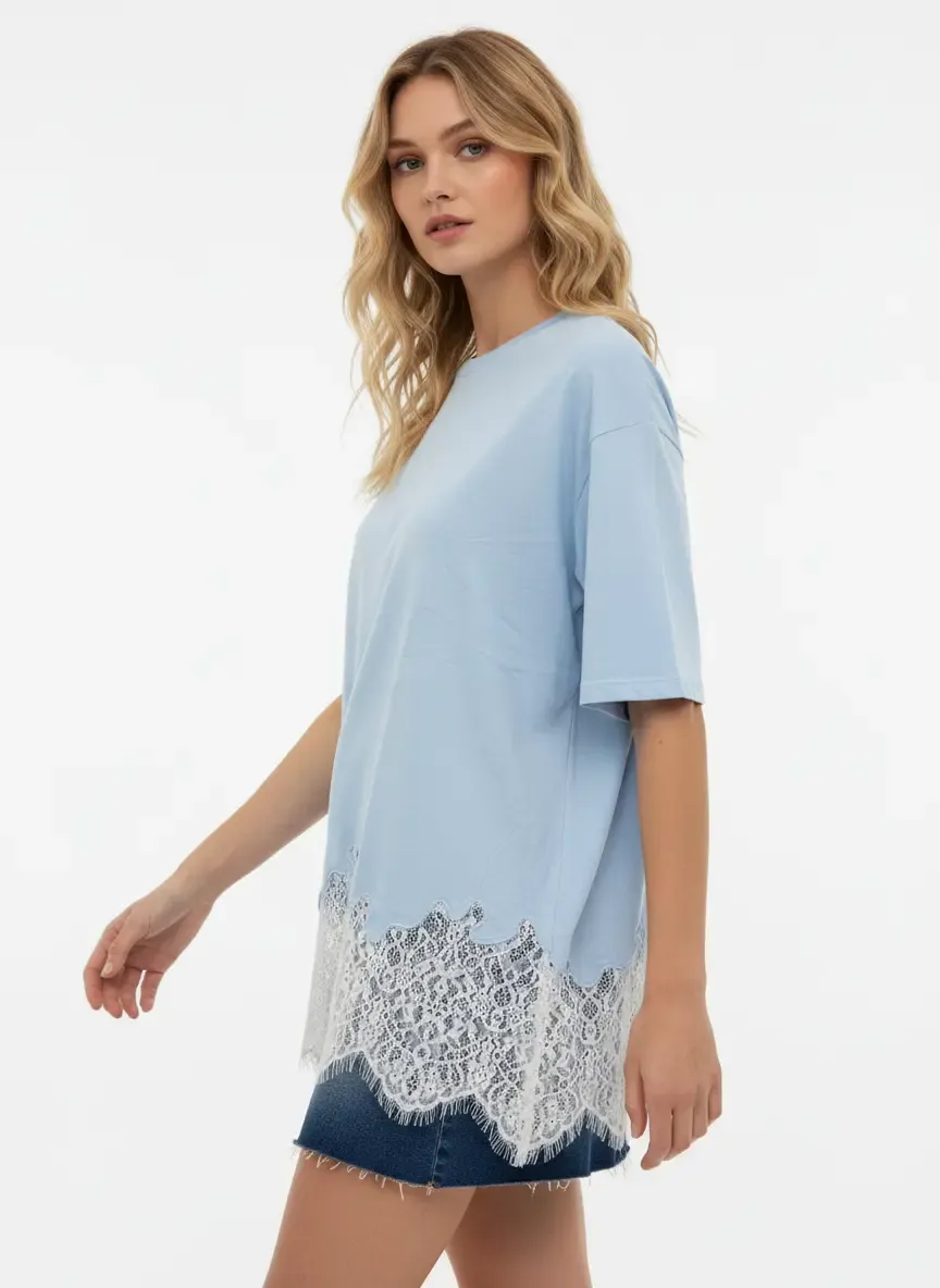Kadın Bisiklet Yaka Eteği Dantel Detay Penye Tunik 13005