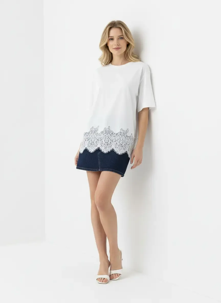 Kadın Bisiklet Yaka Eteği Dantel Detay Penye Tunik 13005