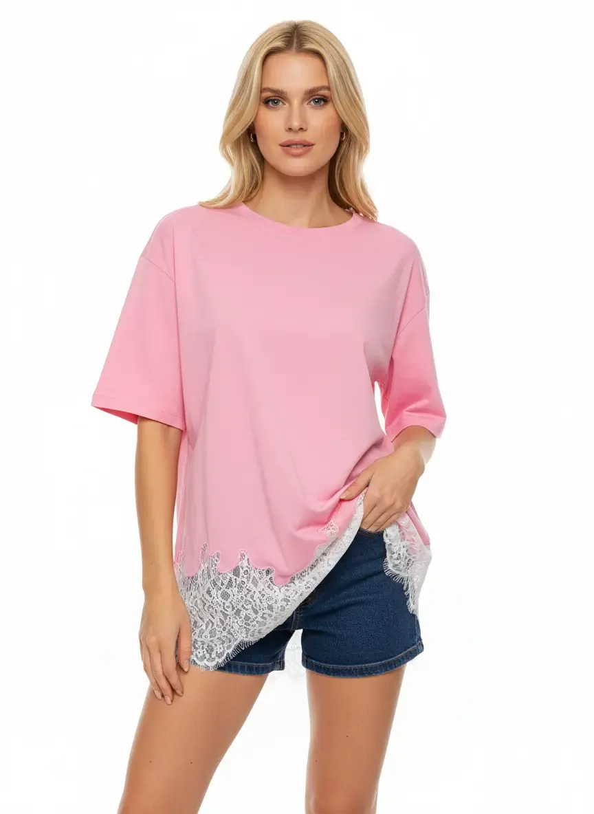 Kadın Bisiklet Yaka Eteği Dantel Detay Penye Tunik 13005