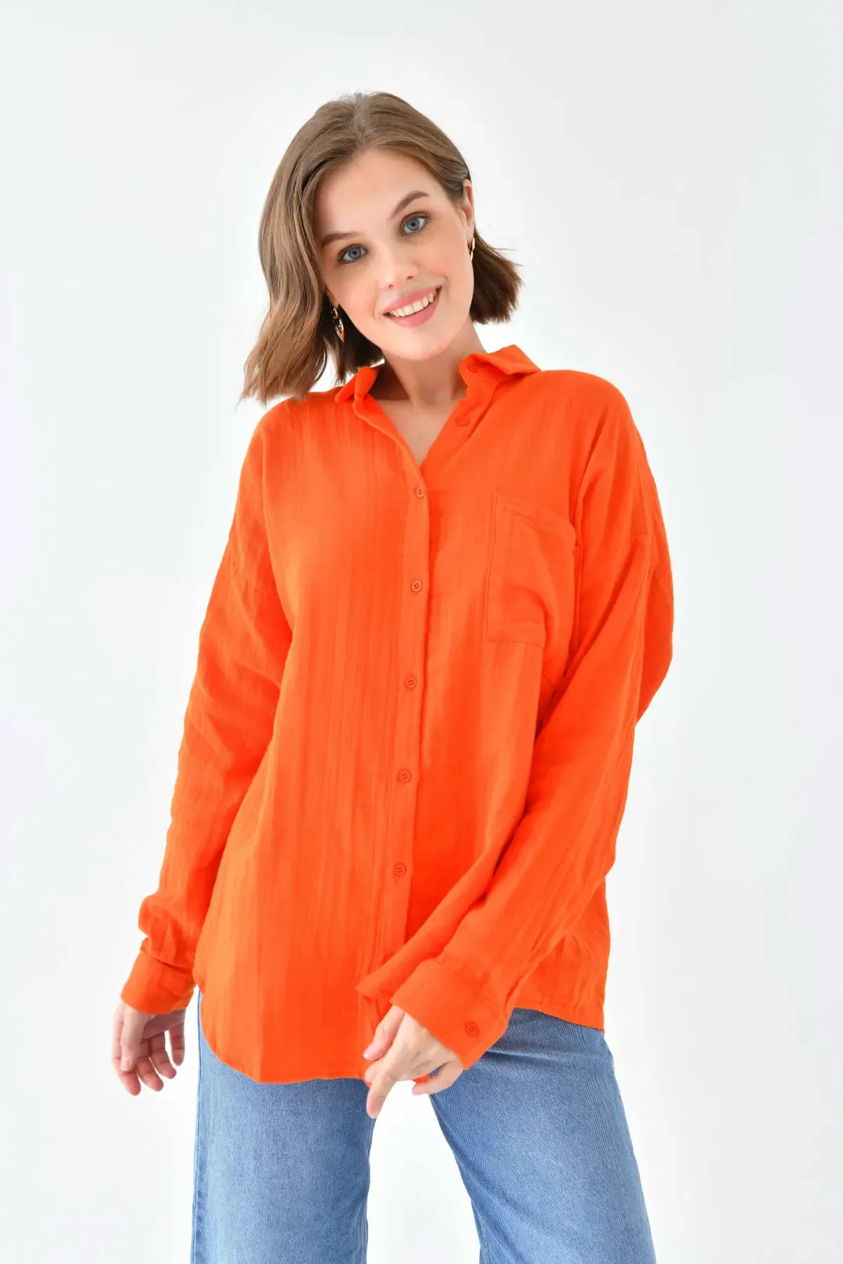 Kadın %100 Pamuk Cep Detaylı Oversize Dokuma Gömlek 23010