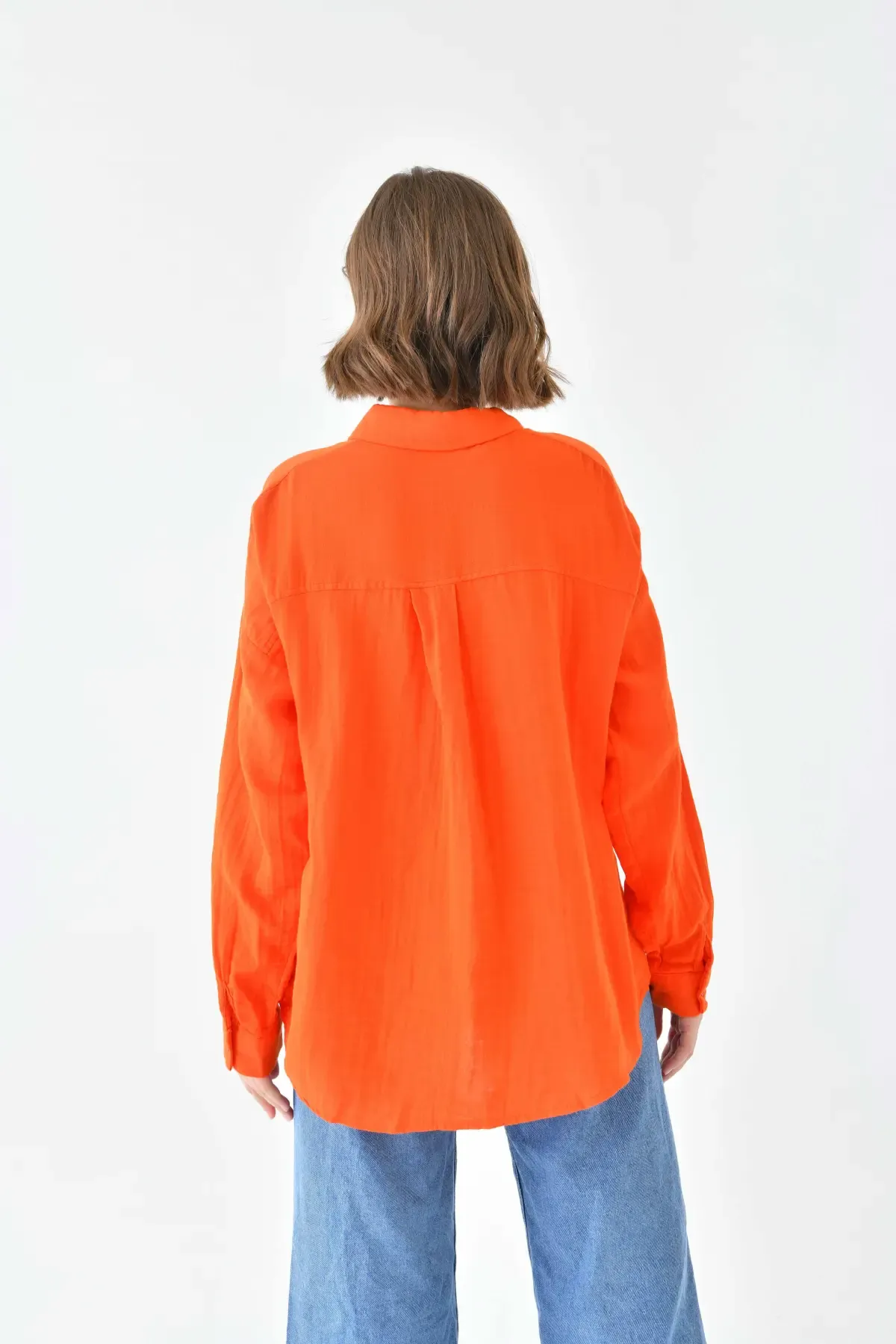 Kadın %100 Pamuk Cep Detaylı Oversize Dokuma Gömlek 23010