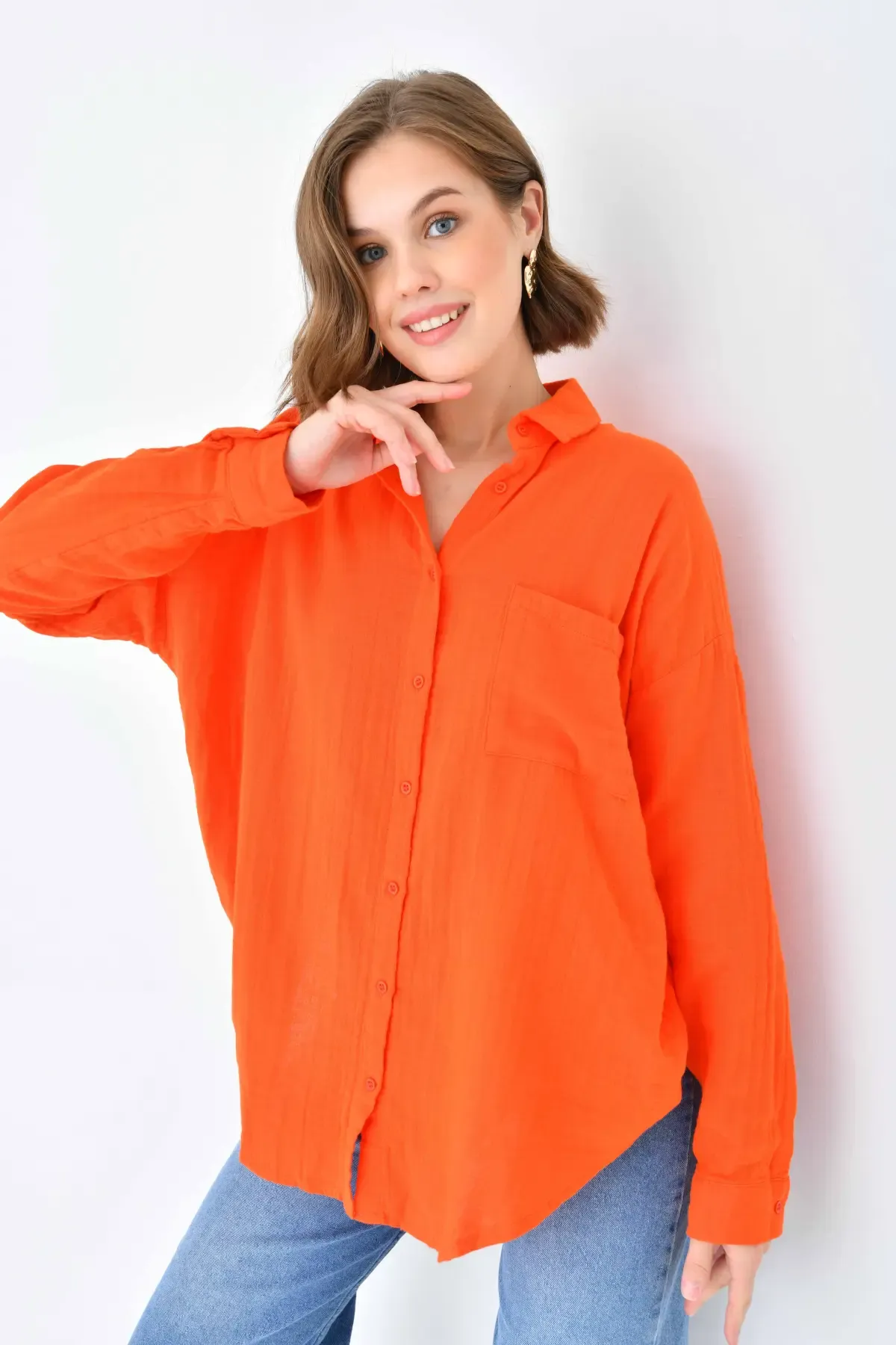 Kadın %100 Pamuk Cep Detaylı Oversize Dokuma Gömlek 23010