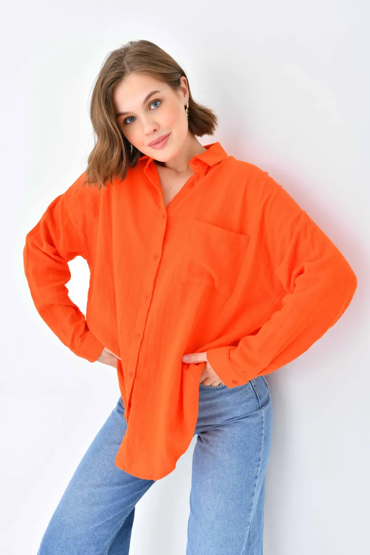 Kadın %100 Pamuk Cep Detaylı Oversize Dokuma Gömlek 23010