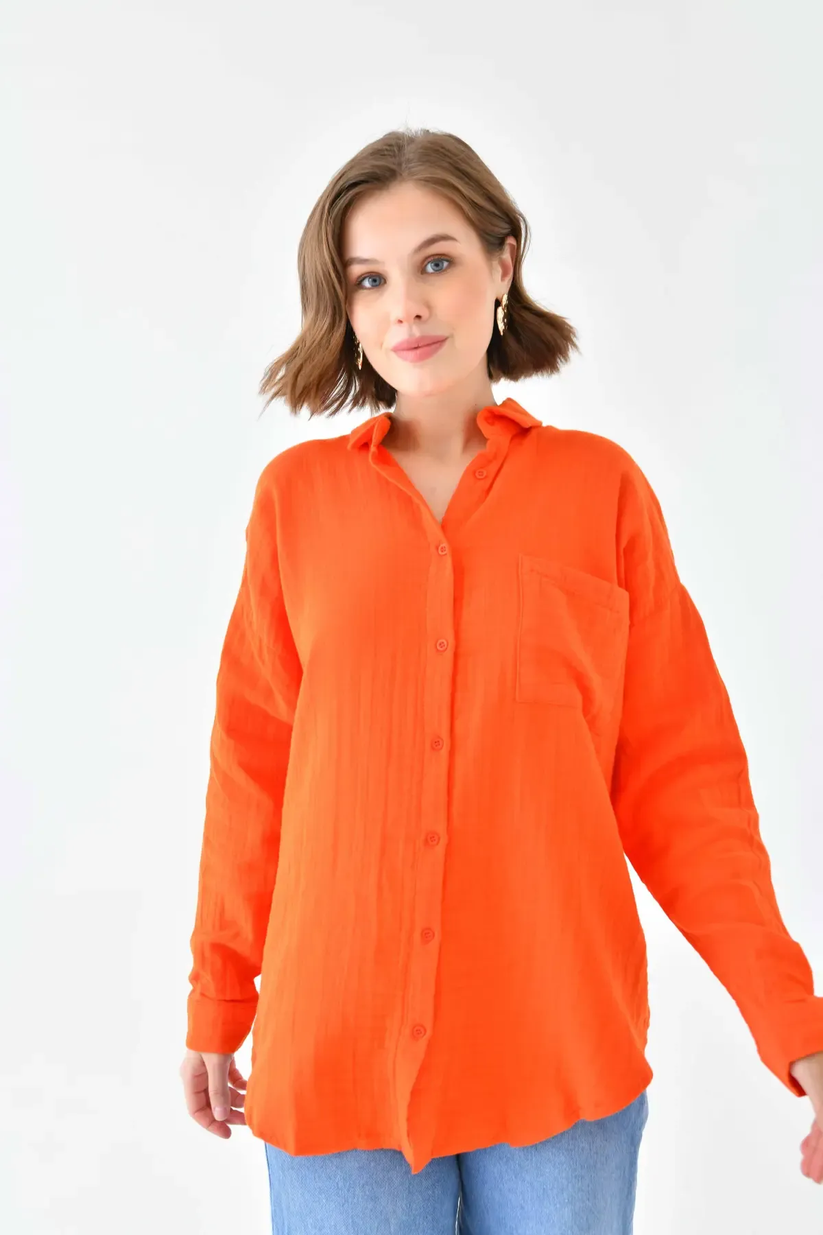 Kadın %100 Pamuk Cep Detaylı Oversize Dokuma Gömlek 23010