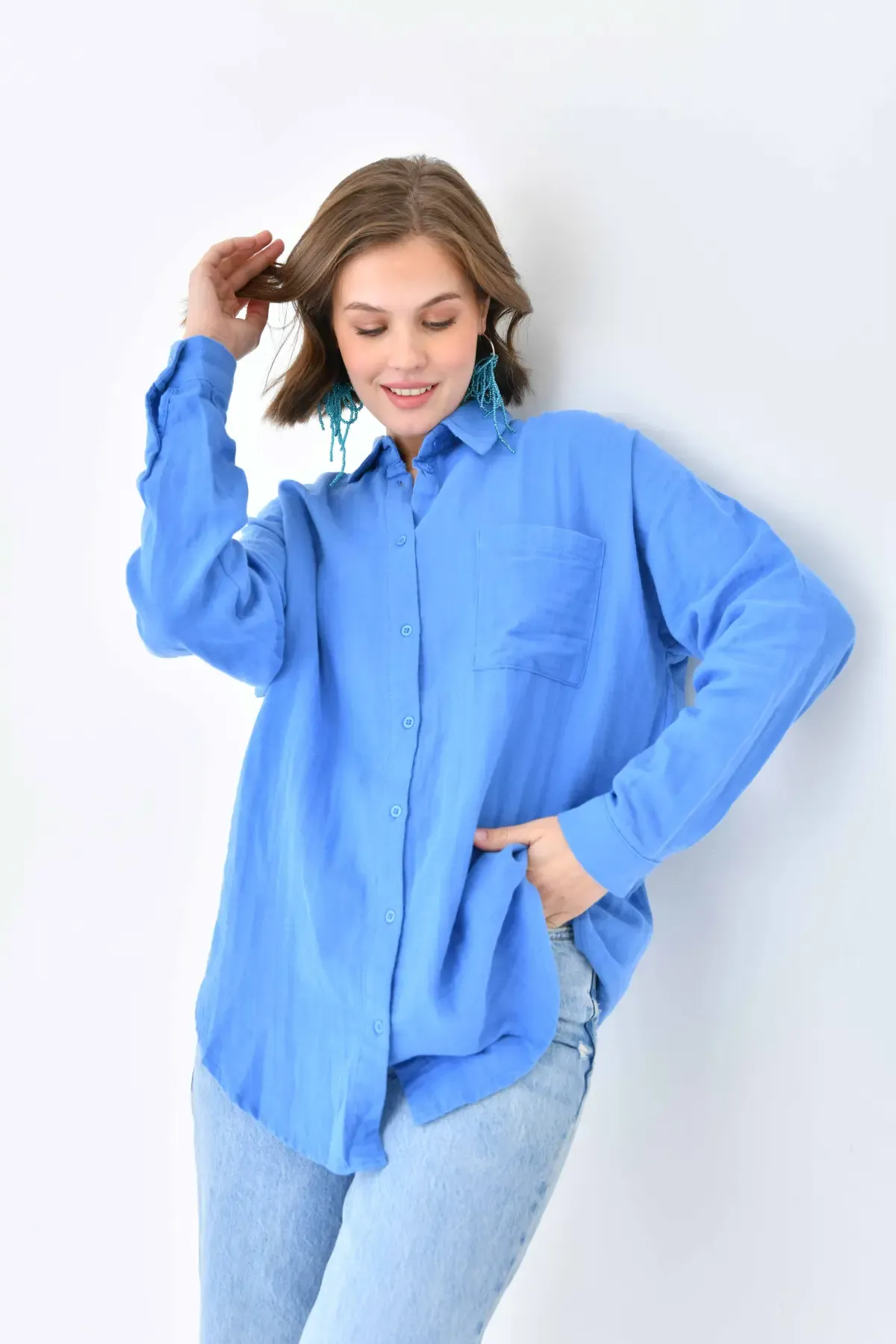 Kadın %100 Pamuk Cep Detaylı Oversize Dokuma Gömlek 23010
