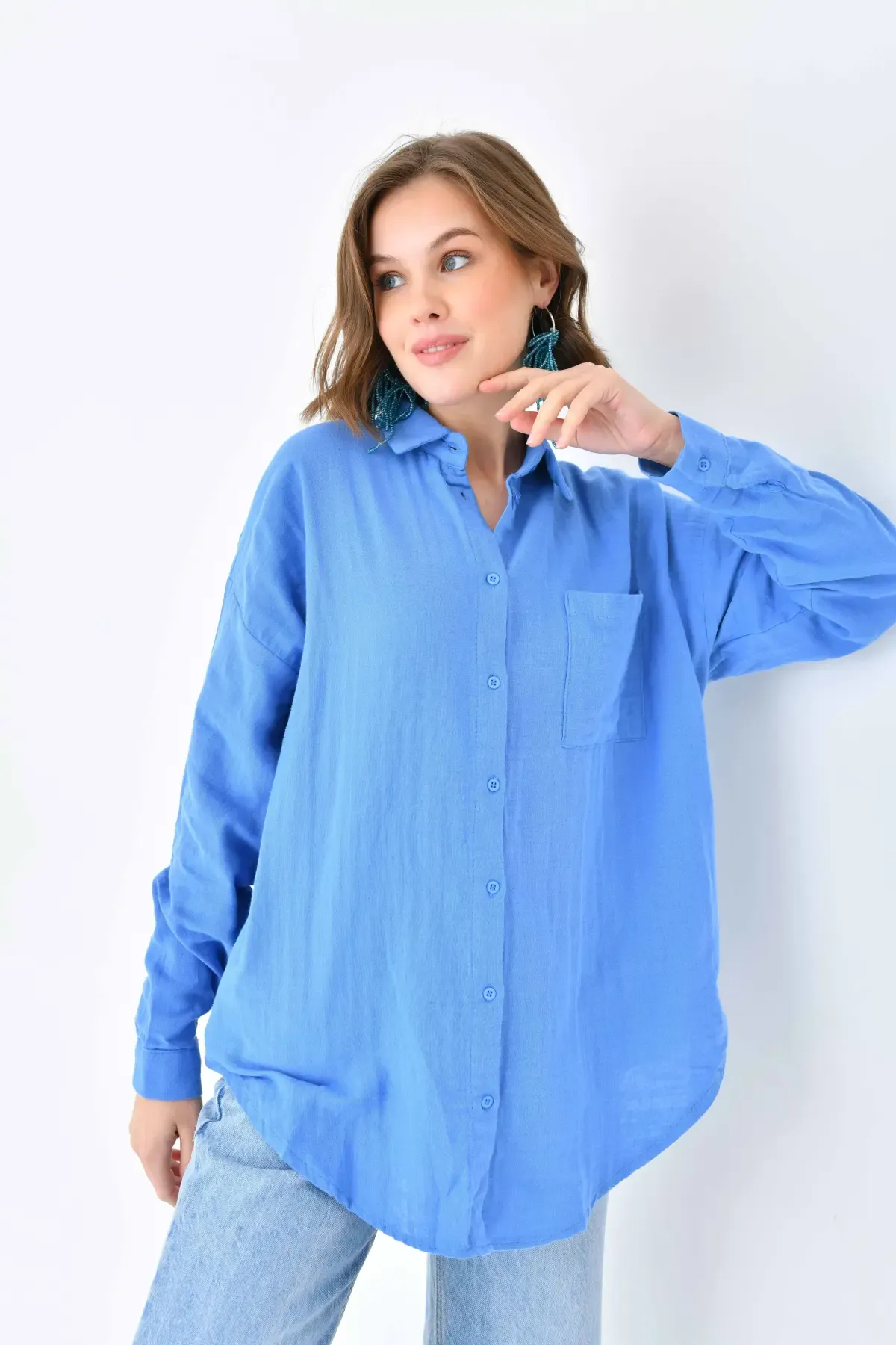 Kadın %100 Pamuk Cep Detaylı Oversize Dokuma Gömlek 23010