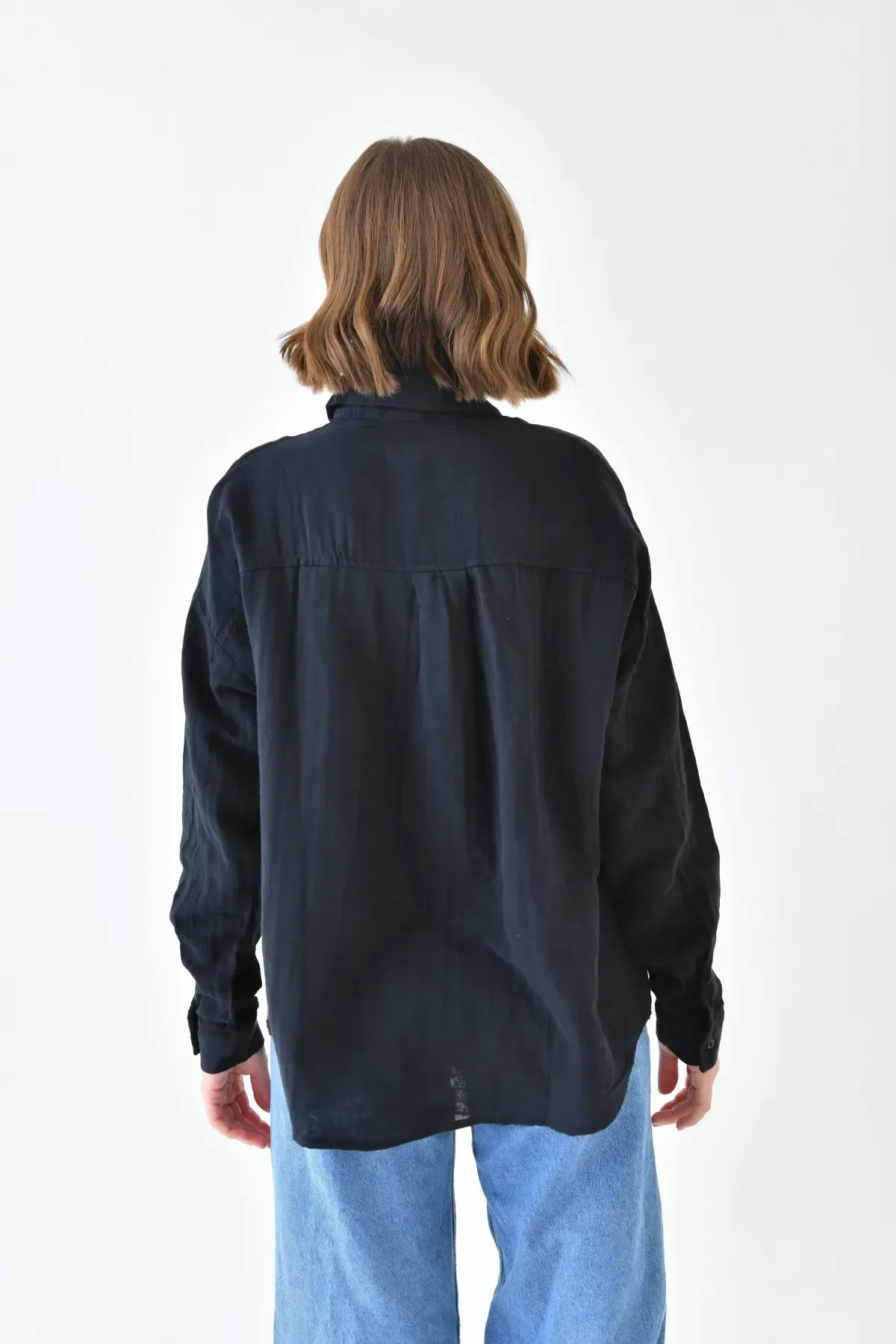 Kadın %100 Pamuk Cep Detaylı Oversize Dokuma Gömlek 23010