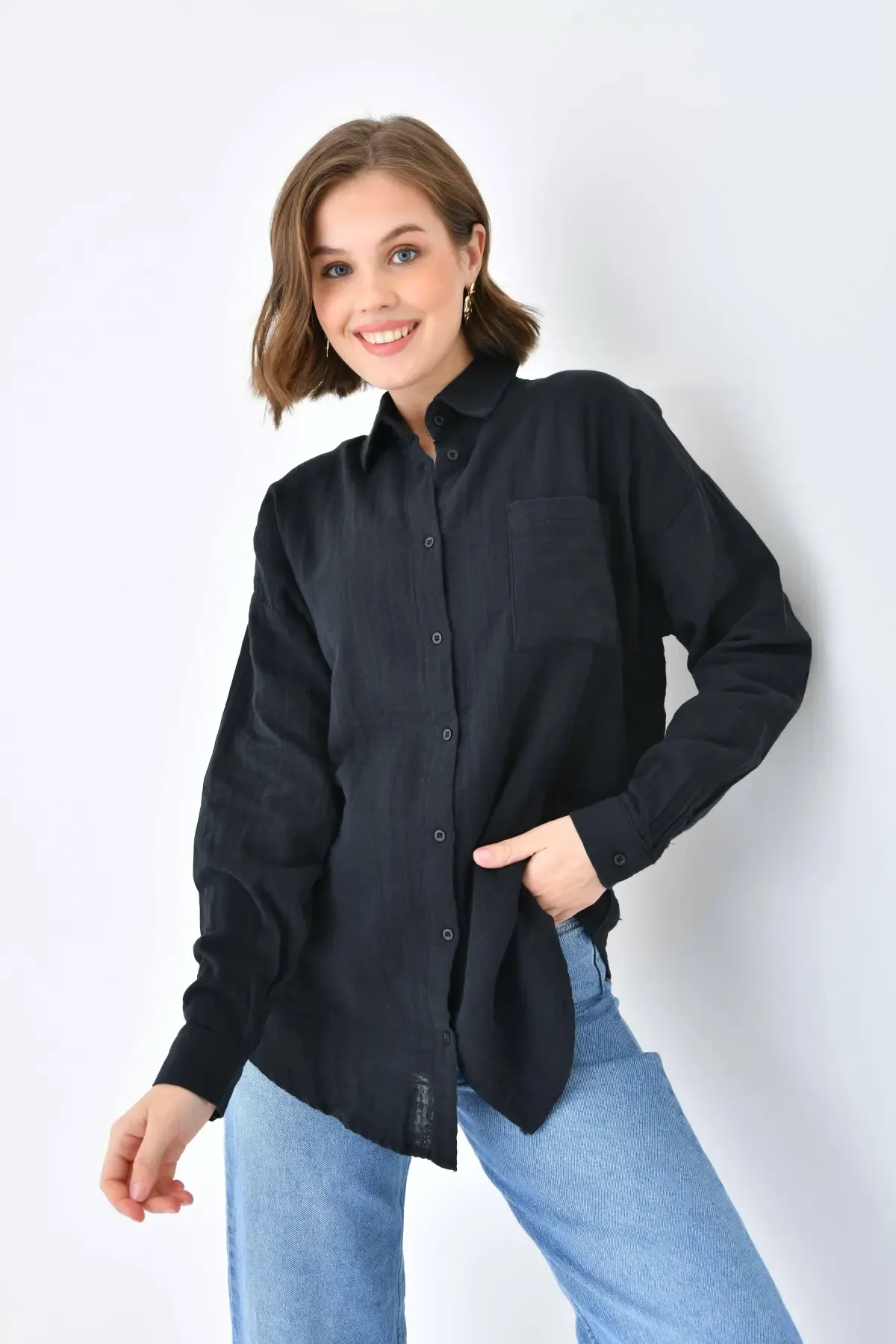 Kadın %100 Pamuk Cep Detaylı Oversize Dokuma Gömlek 23010