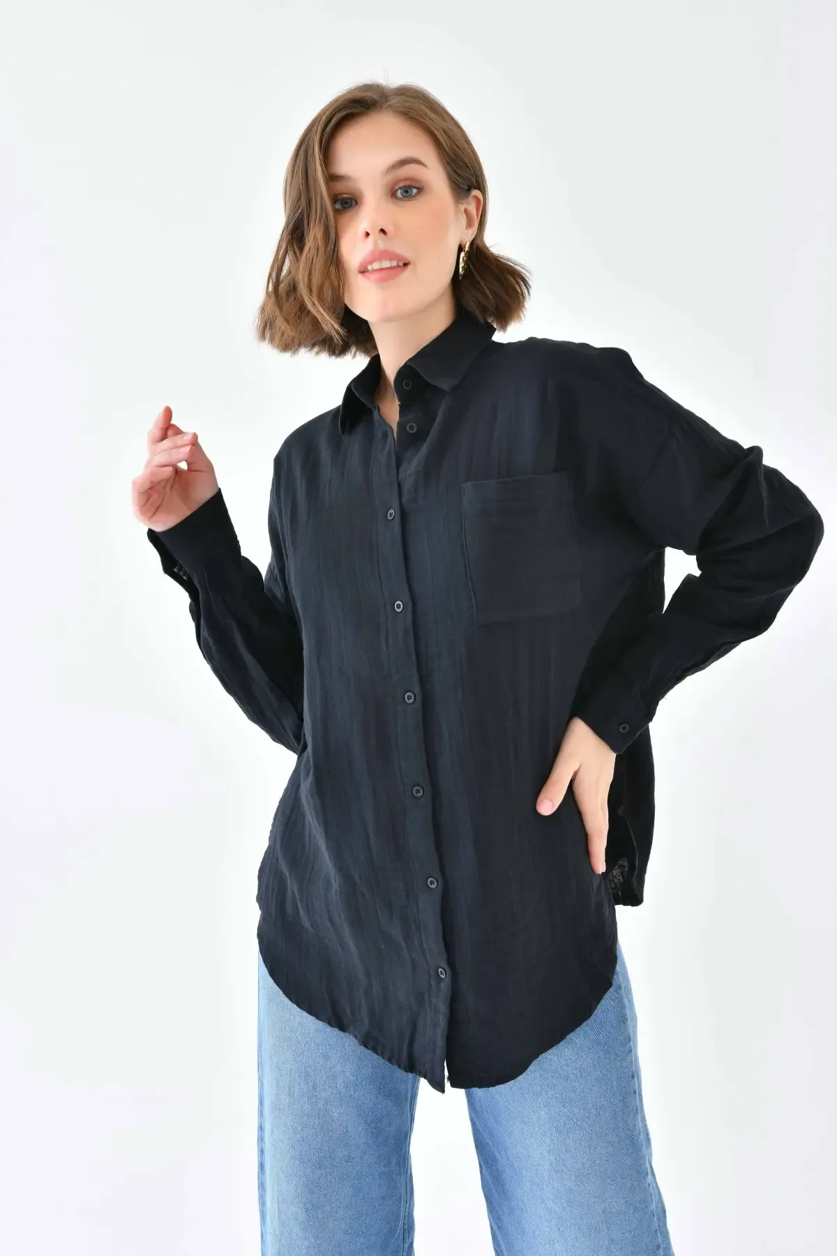 Kadın %100 Pamuk Cep Detaylı Oversize Dokuma Gömlek 23010