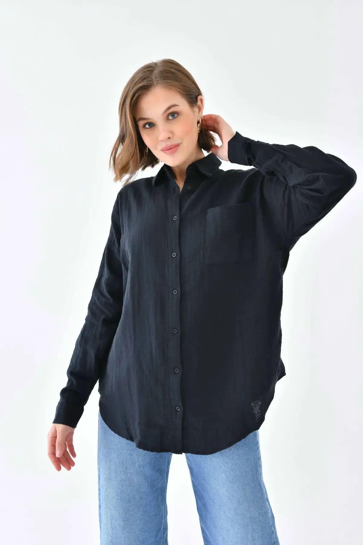 Kadın %100 Pamuk Cep Detaylı Oversize Dokuma Gömlek 23010