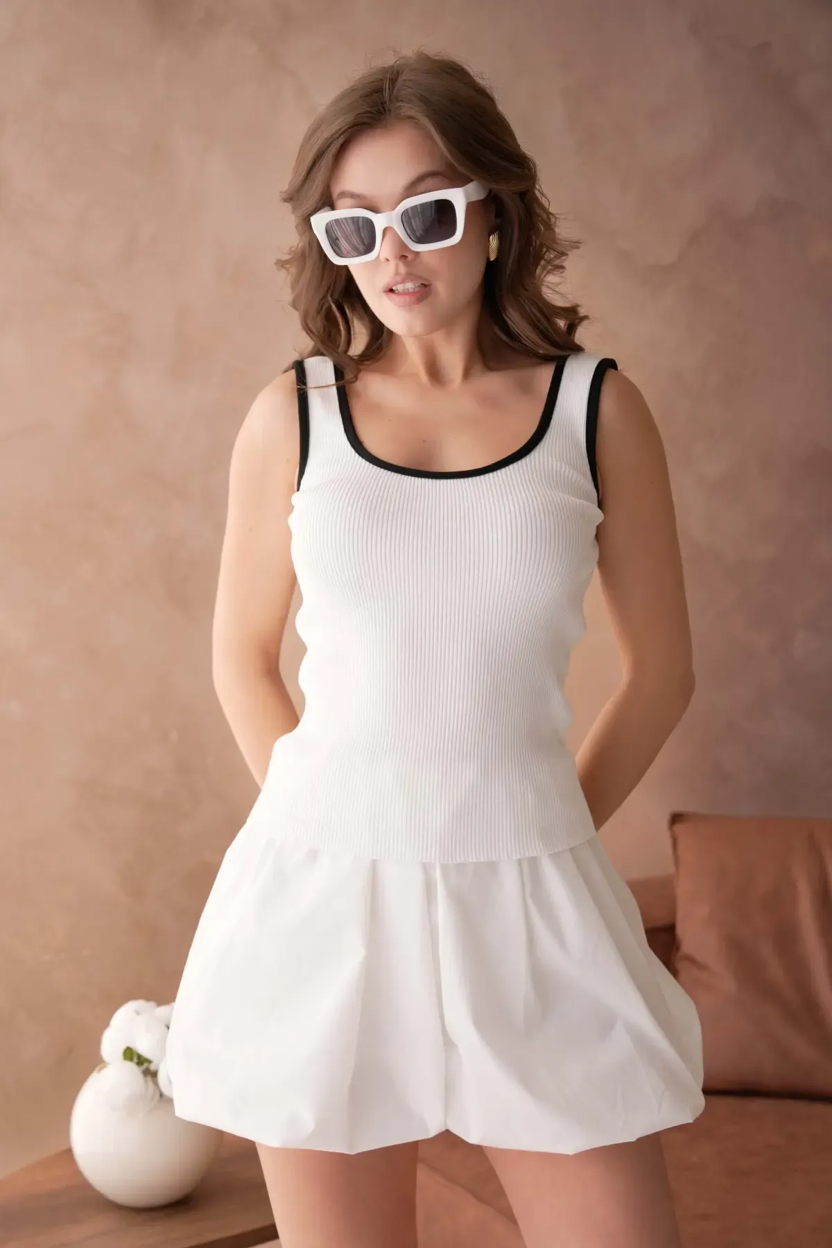 Kadın Asimetrik Yaka Biyeli Selanik Örgü Triko Bluz 12043