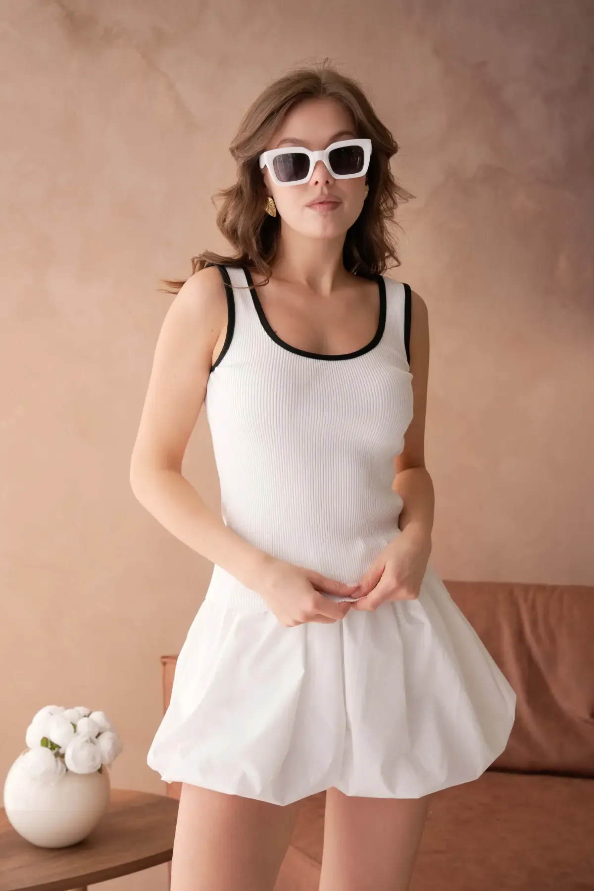 Kadın Asimetrik Yaka Biyeli Selanik Örgü Triko Bluz 12043