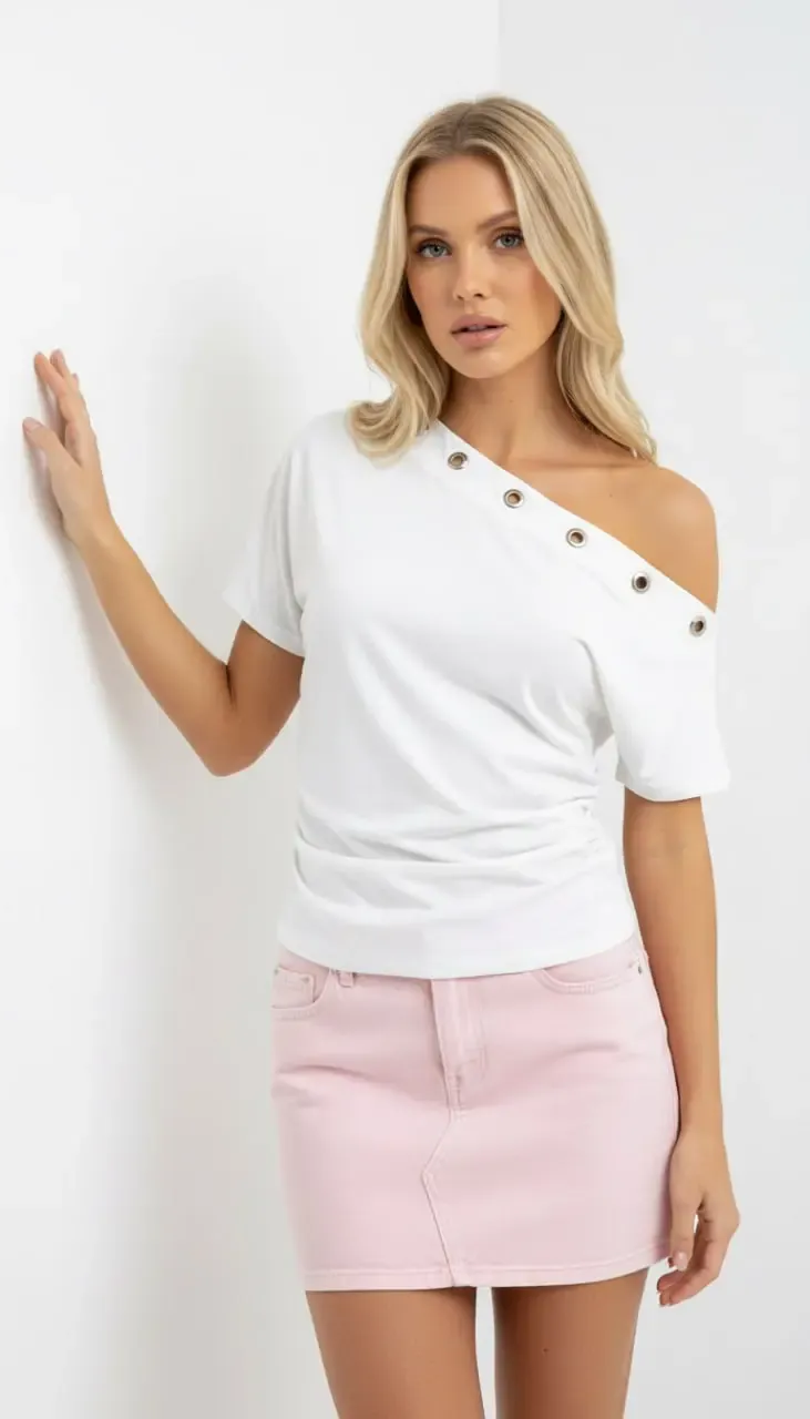 Kadın Asimetrik Yaka Yanları Büzgülü Aksesuar Detay Modal Touch Bluz 26000