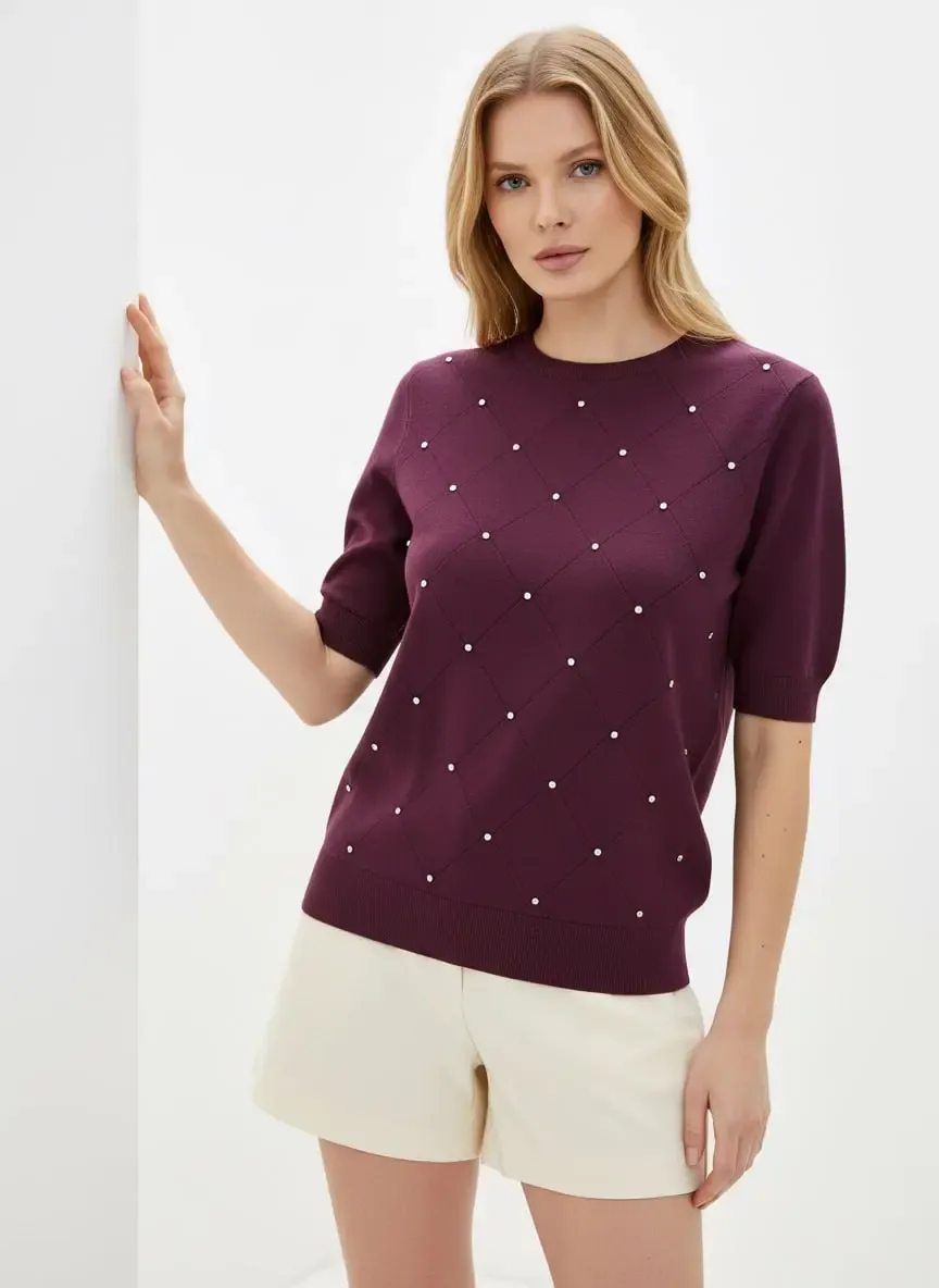 Kadın Bisiklet Yak Aörgü Detay Taş İşlemeli Premium İplik Triko Kazak 12149.Crs