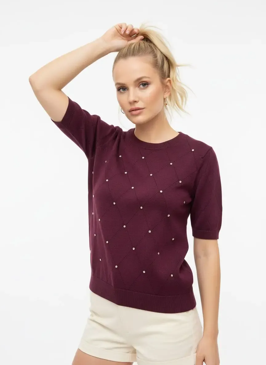 Kadın Bisiklet Yak Aörgü Detay Taş İşlemeli Premium İplik Triko Kazak 12149.Crs