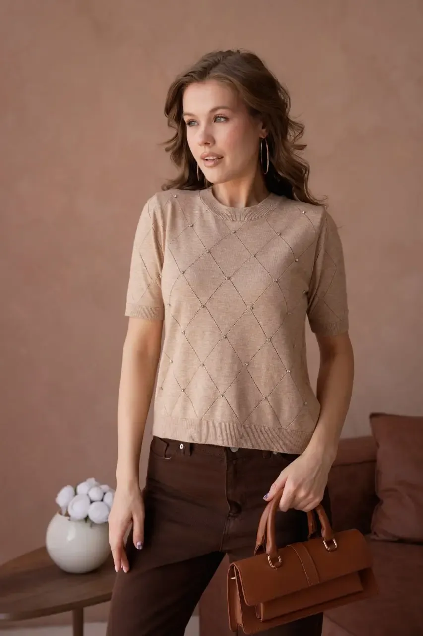 Kadın Bisiklet Yak Aörgü Detay Taş İşlemeli Premium İplik Triko Kazak 12149.Crs