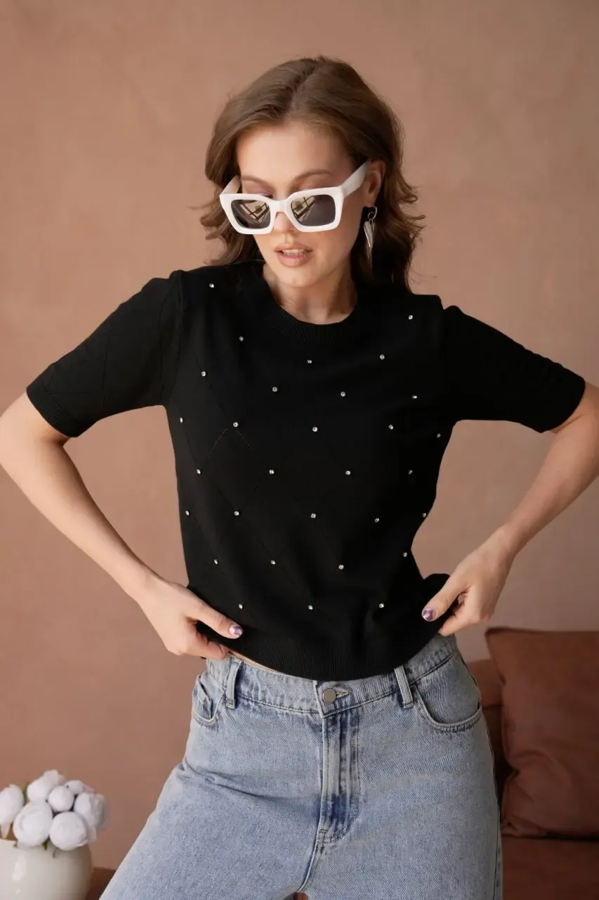 Kadın Bisiklet Yak Aörgü Detay Taş İşlemeli Premium İplik Triko Kazak 12149.Crs