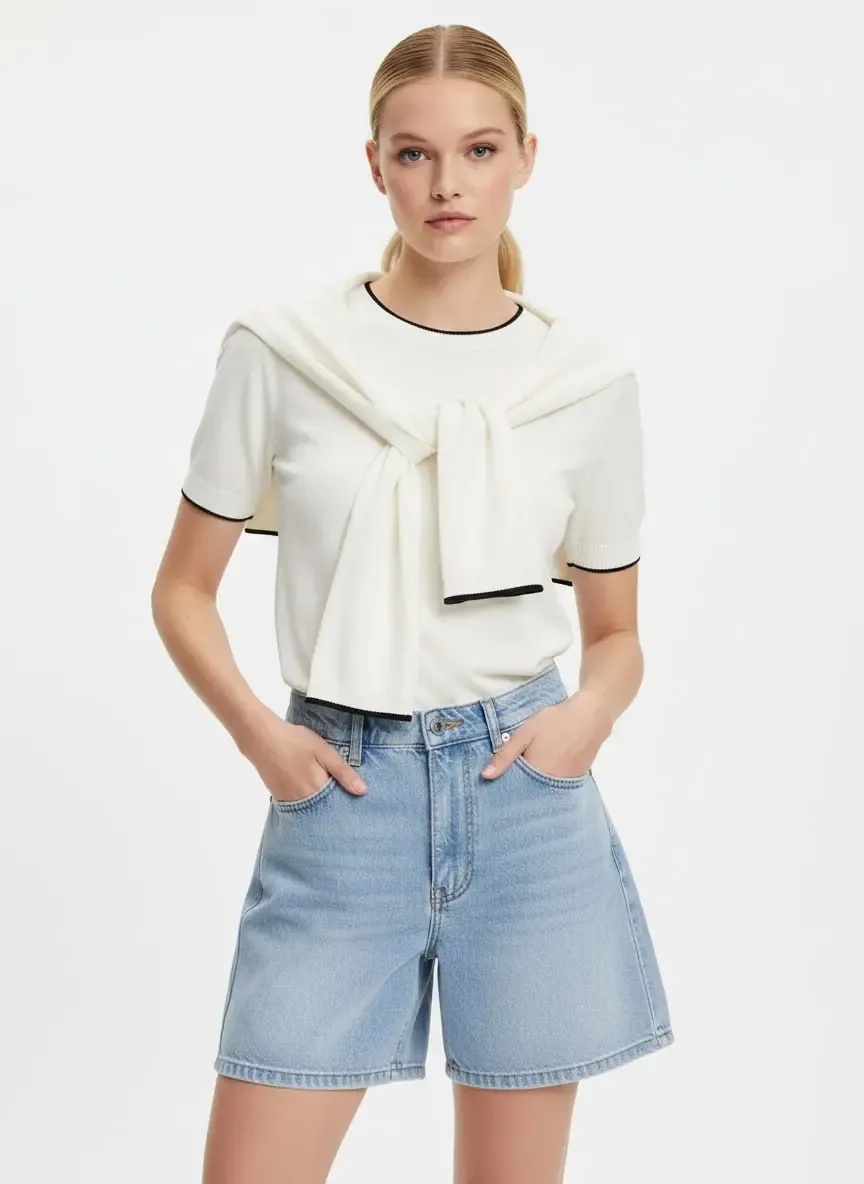 Kadın Bisiklet Yaka Atkılı Viskon Triko Kazak 12474.Vrt