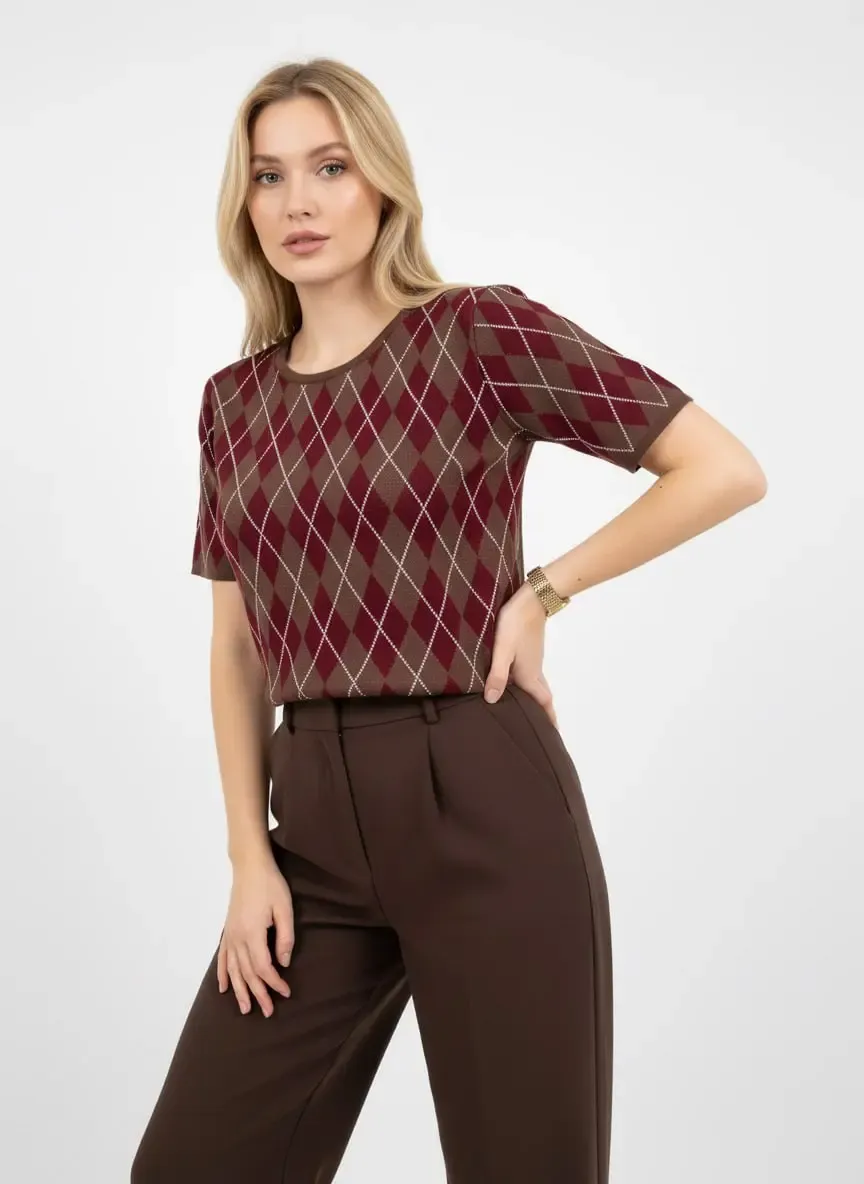 Kadın Bisiklet Yaka Baklava Desen Triko Kazak 12419.Vrt