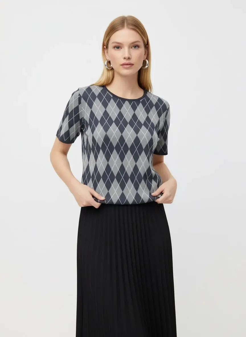 Kadın Bisiklet Yaka Baklava Desen Triko Kazak 12419.Vrt