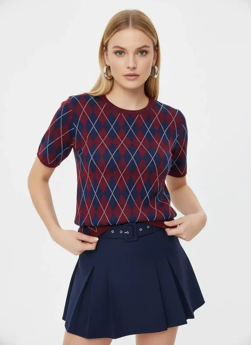 Kadın Bisiklet Yaka Baklava Desen Triko Kazak 12419.Vrt