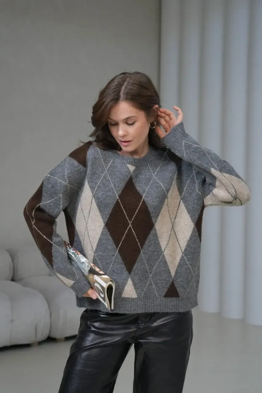 Kadın Bisiklet Yaka Baklava Desenli Triko Kazak 8704Sw