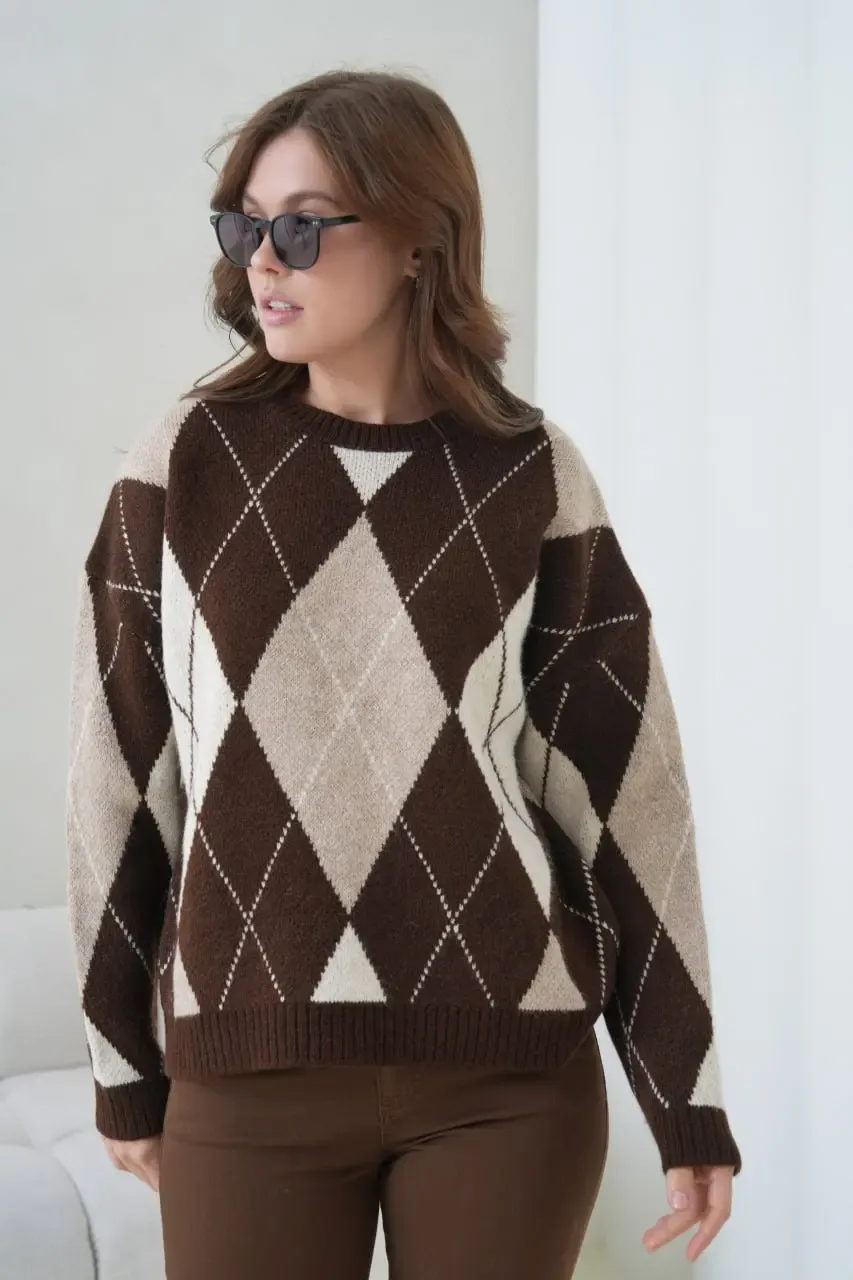 Kadın Bisiklet Yaka Baklava Desenli Triko Kazak 8704Sw