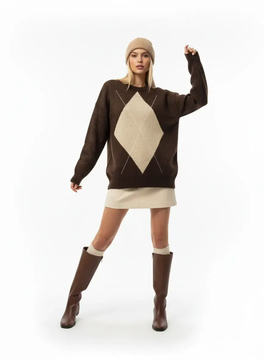 Kadın Bisiklet Yaka Baklava Desenli Triko Kazak 8709