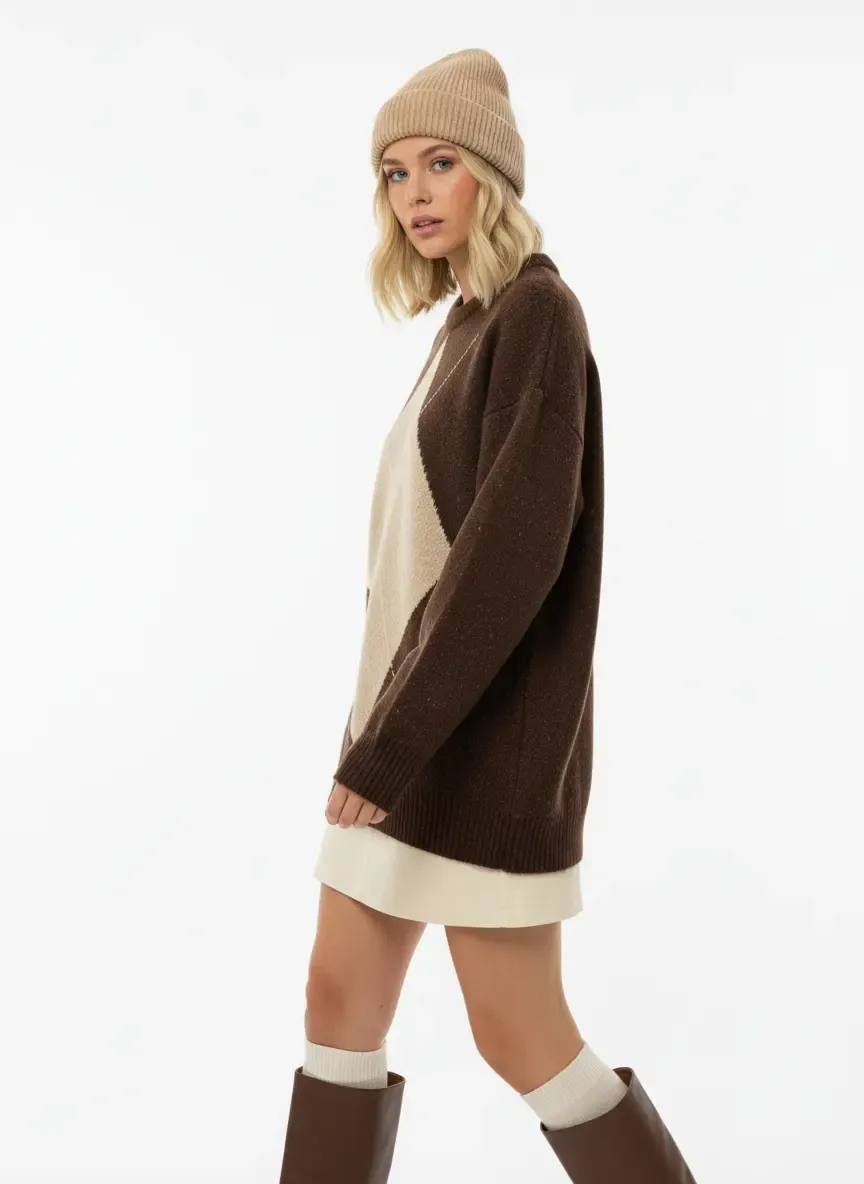 Kadın Bisiklet Yaka Baklava Desenli Triko Kazak 8709