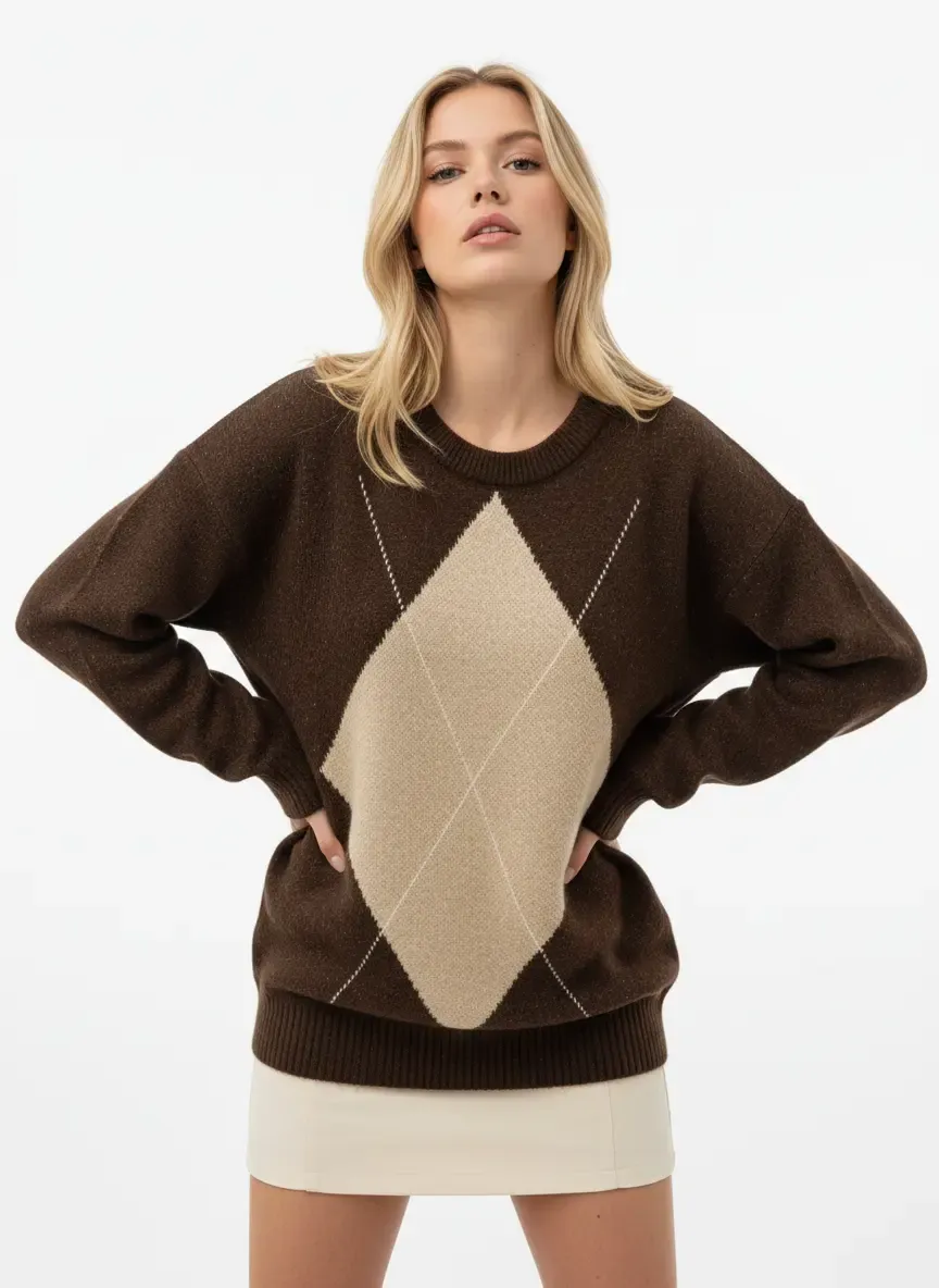 Kadın Bisiklet Yaka Baklava Desenli Triko Kazak 8709