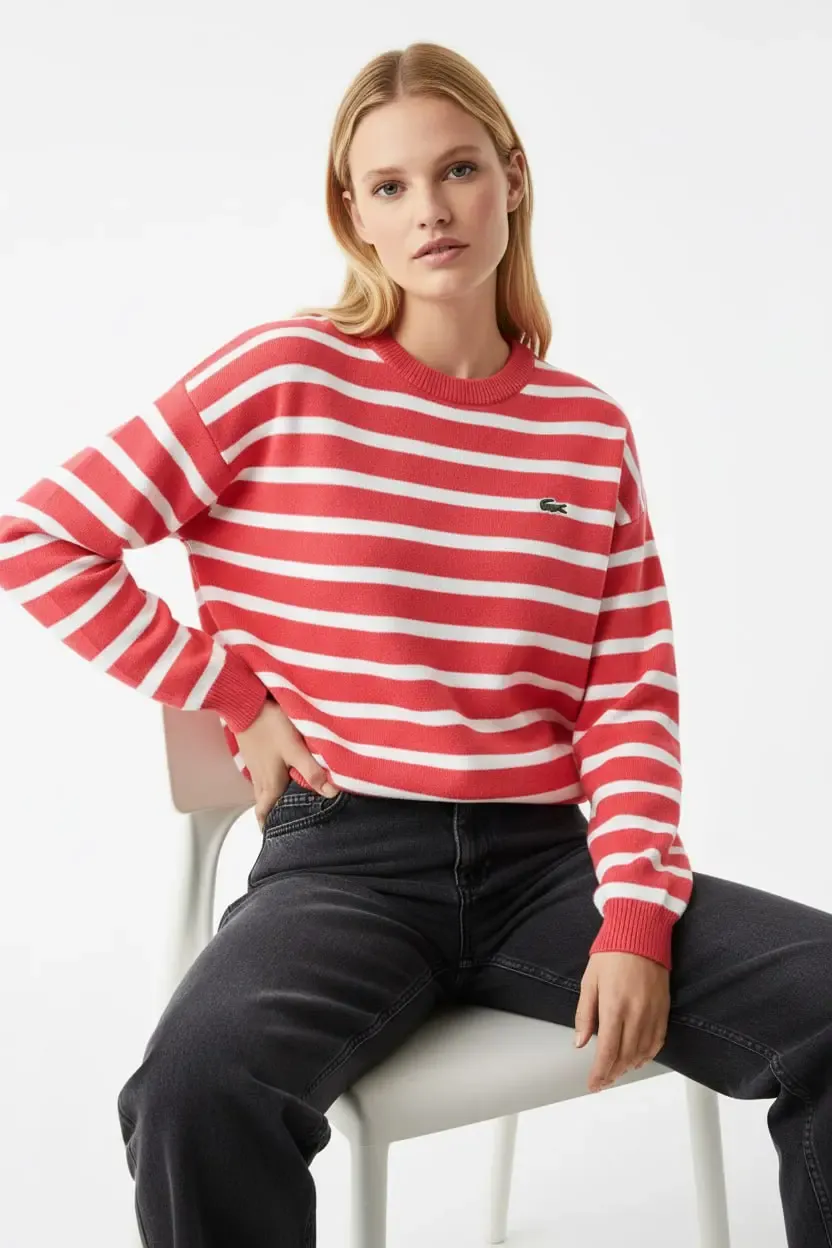 Kadın Bisiklet Yaka Çizgili %100 Cotton Triko Kazak 10273.Ctn