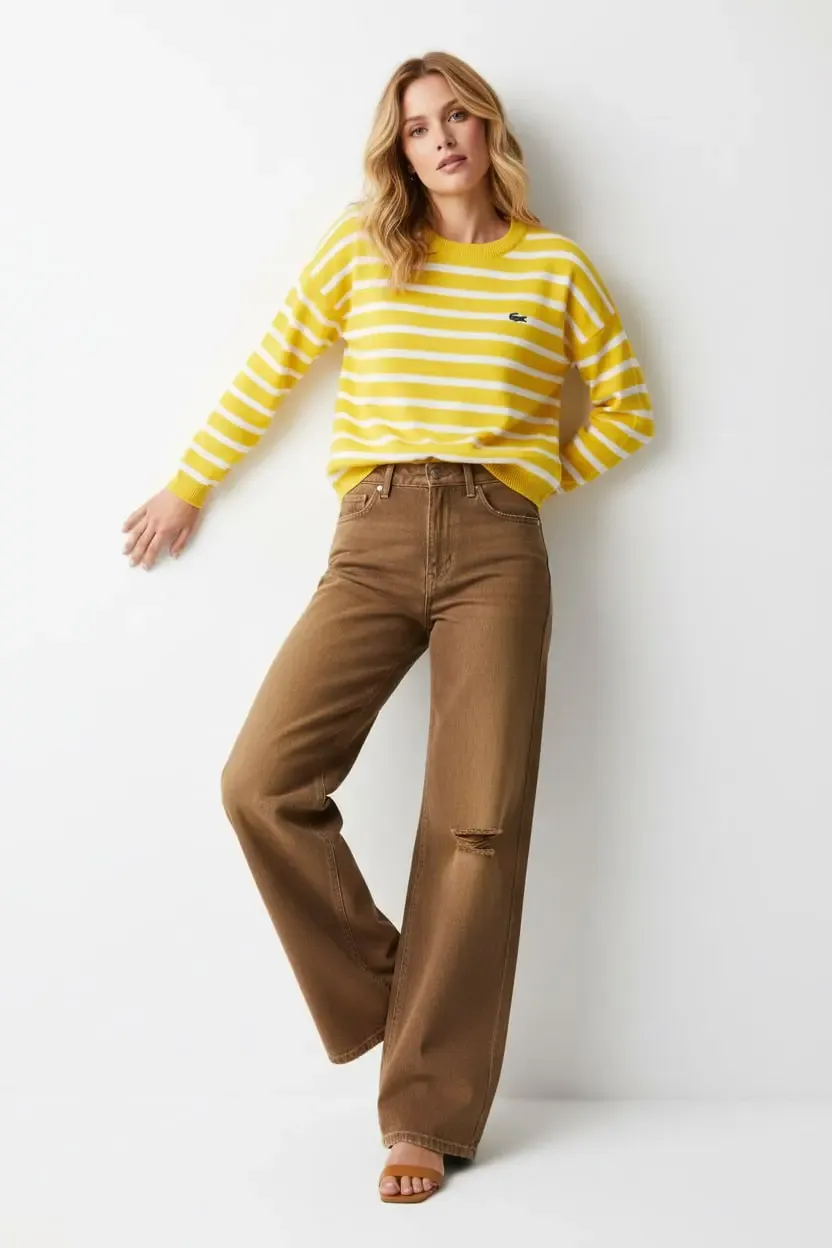 Kadın Bisiklet Yaka Çizgili %100 Cotton Triko Kazak 10273.Ctn