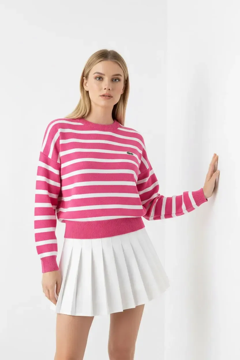 Kadın Bisiklet Yaka Çizgili %100 Cotton Triko Kazak 10273.Ctn