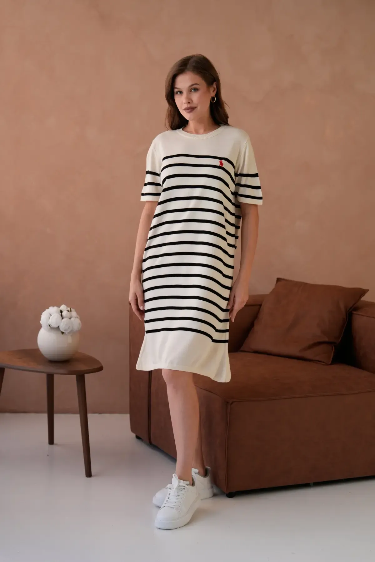 Kadın Bisiklet Yaka Çizgili Maksi Boy Triko Elbise 10029