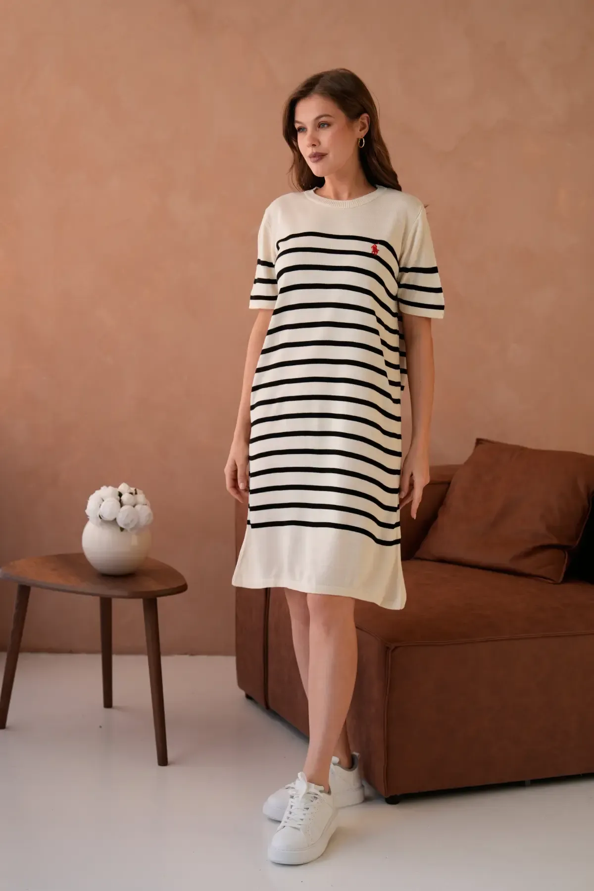 Kadın Bisiklet Yaka Çizgili Maksi Boy Triko Elbise 10029